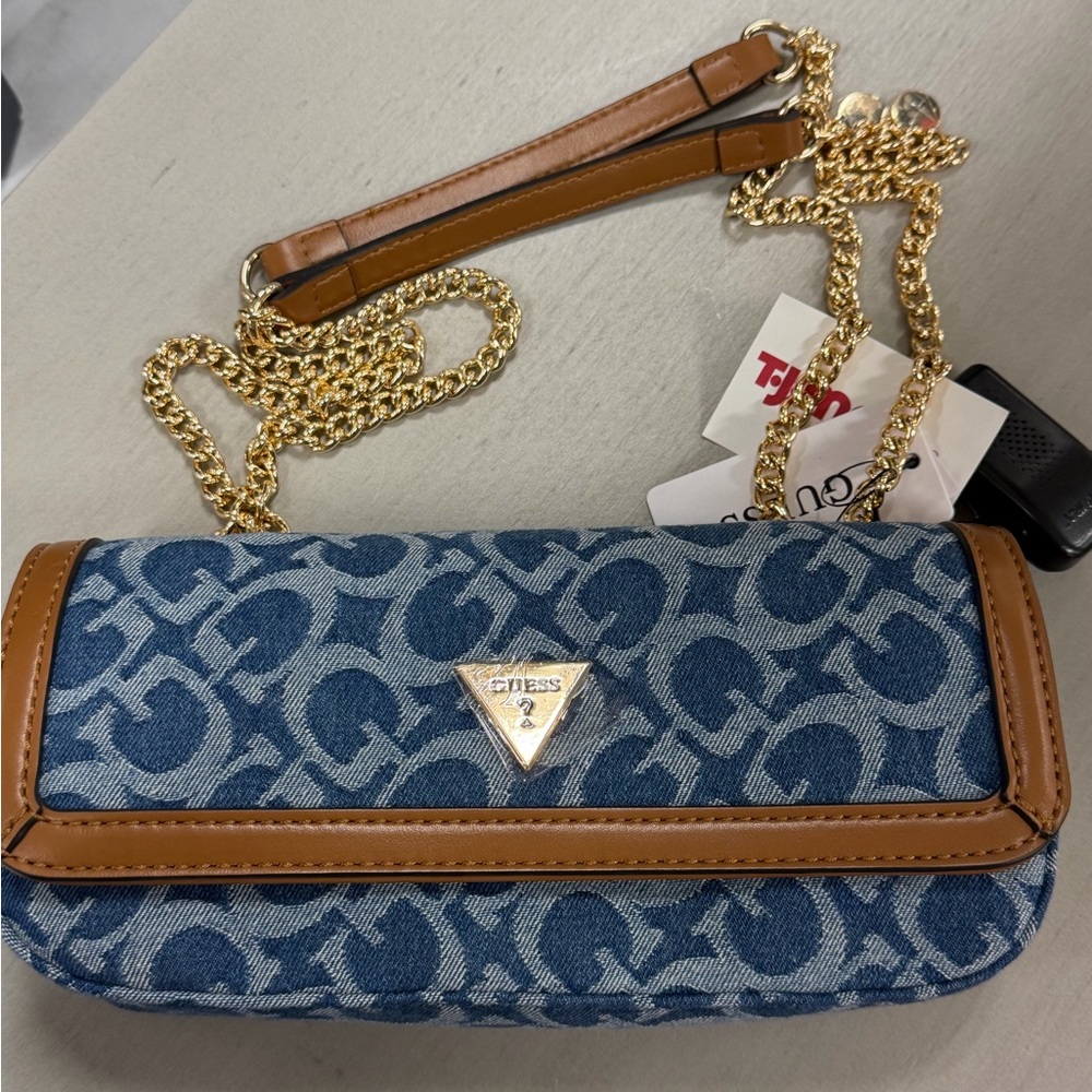 Guess Blue Denim Jacquard Crossbody with Tan Trim and Gold Chain